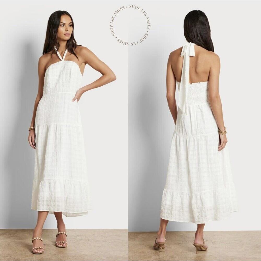 NEW Sam Edelman Womens White Halter Neck Checkered Tiered Flowy Maxi Dress 8